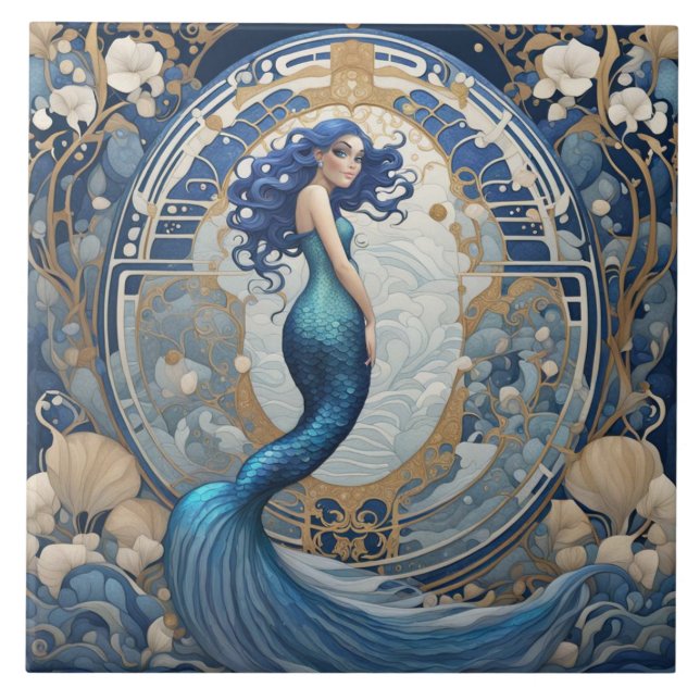 Blue Sjöjungfru Art nouveau Art Deco Stil Kakelplatta (Framsidan)