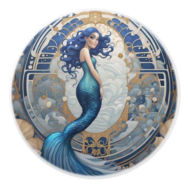 Blue Sjöjungfru Art nouveau Art Deco Stil Knopp (Framsidan)