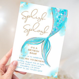 Blue Sjöjungfru Splish Stänk Girl Birthday Inbjudningar