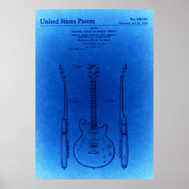 Blue Sketch Jazz hollow body stil guitar Patent Poster (Framsidan)