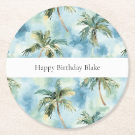 Blue Skies Tropical Island Palm Trees Birthday Underlägg Papper Rund