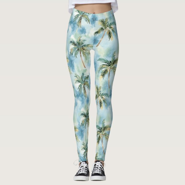 Blue Skies Tropical Island Palm Trees   Leggings (Framsida)