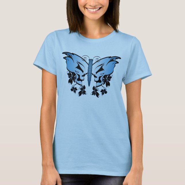 Blue Skull Butterfly Tee Shirt (Framsida)