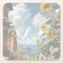 Blue sky and Sunflowers | Acrylic Underlägg Papper Kvadrat
