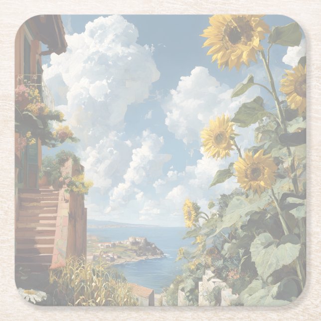 Blue sky and Sunflowers | Acrylic   Underlägg Papper Kvadrat (Framsidan)
