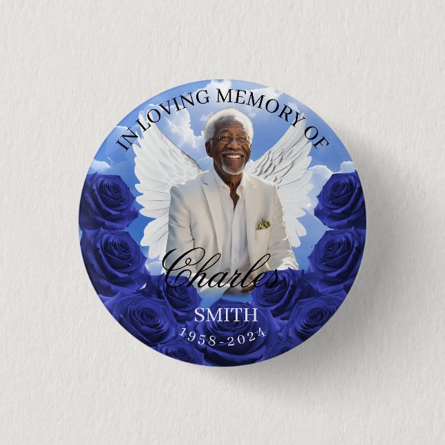 Blue Sky Roses Funeral Memorial Button Angel Wings Knapp (Framsida)