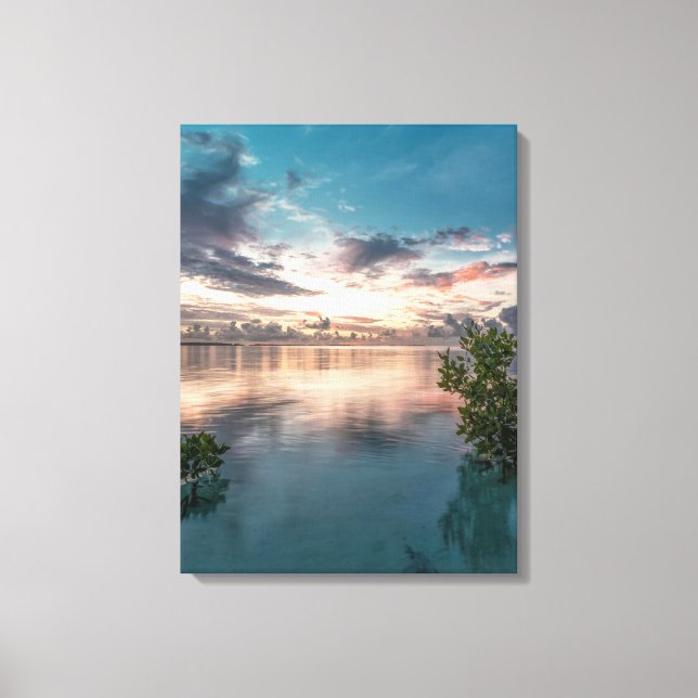 blue sky with red and dark clouds reflected on sea canvastryck (Framsida)
