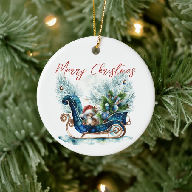 Blue Sled Baby Reindeer Julgransprydnad Keramik (Träd)