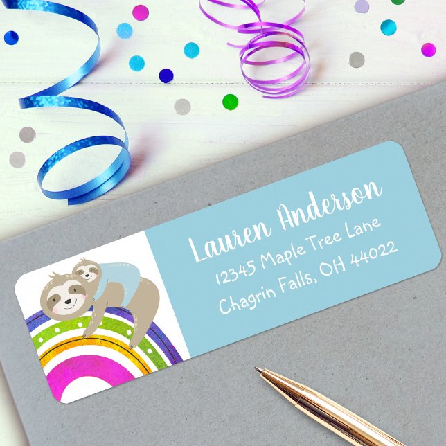 Blue Sloths Rainbow Kawaii Boy Shower Adress Returadress Etikett (Skapare uppladdad)