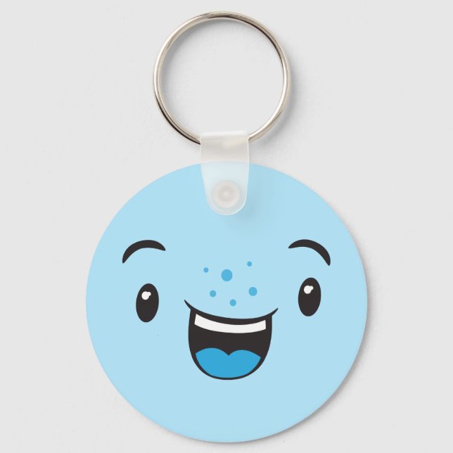 Blue Smiling Kawaii Ansikte Keychain Nyckelring (Framsida)