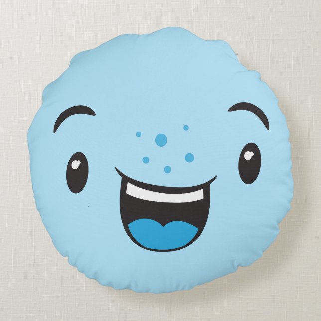 Blue Smiling Kawaii Ansikte Round Pillow Rund Kudde (Baksidan)