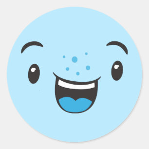 Blue Smiling Kawaii Ansikte Stickers Runt Klistermärke