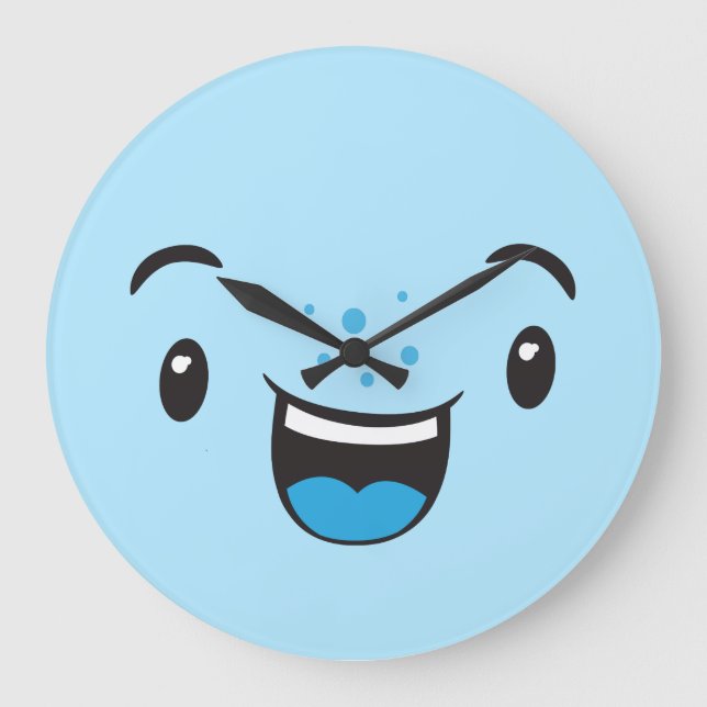 Blue Smiling Kawaii Ansikte Wall Clock Stor Klocka (Framsida)