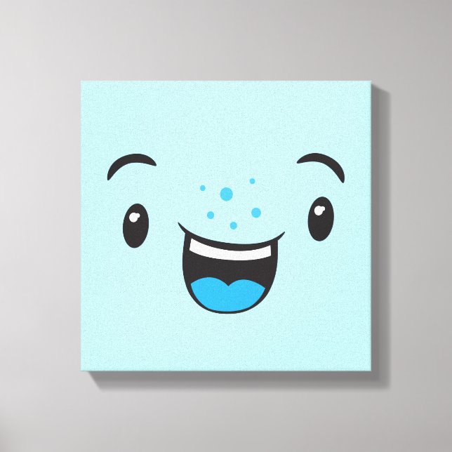 Blue Smiling Kawaii Ansikte Wrapped Canvas (Framsida)