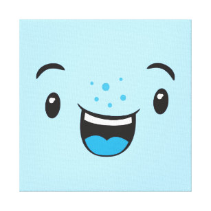Blue Smiling Kawaii Ansikte Wrapped Canvas