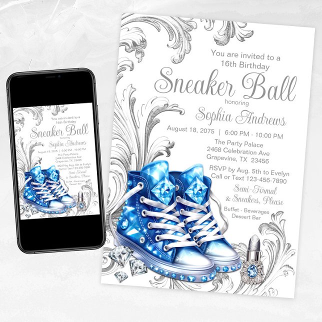 Blue Sneaker Boll Födelsedagsfest inbjudan (Blue and Silver Sneaker Ball Invitation with Pretty Blue Diamond Sneakers, Diamonds and Swirls)