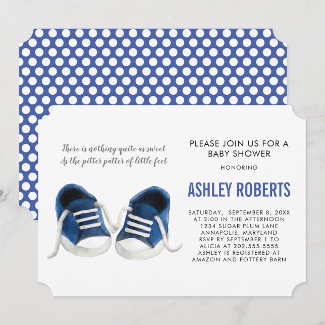 Blue Sneakers Baby Shower-inbjudan, Pojke Inbjudningar (Fram/baksida)