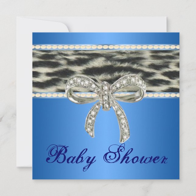 Blue Snö Leopard Diamond Bow Baby Shower Inbjudan (Framsida)
