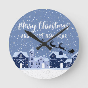 Blue snö med Santa och renar helgdag Rund Klocka