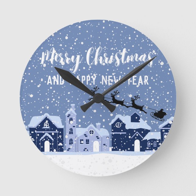 Blue snö med Santa och renar helgdag Rund Klocka (Framsida)