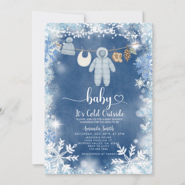 Blue Snöflingor Clothesline Baby Shower Inbjudningar (Framsida)