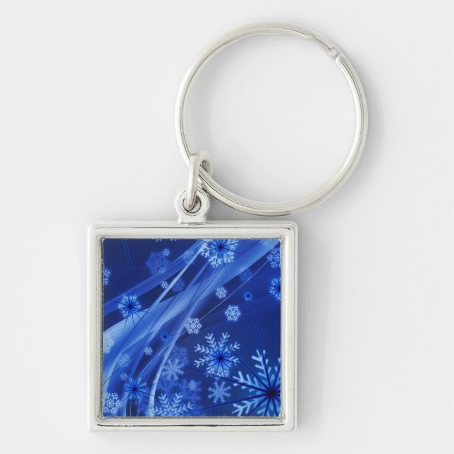 Blue Snöflingor Fyrkantig Silverfärgad Nyckelring (Framsidan)
