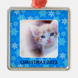 Blue Snöflingor Gräns Photo Julgransprydnad Metall