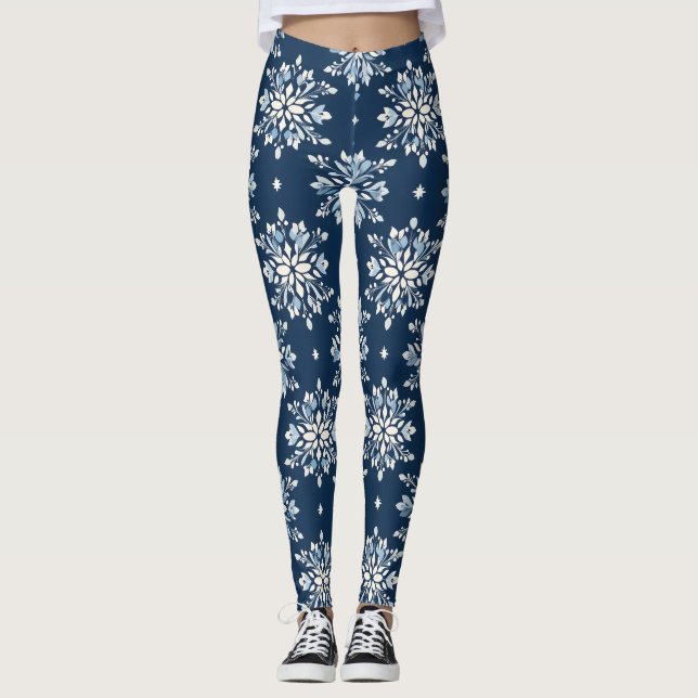 Blue Snöflingor Mönster Leggings (Framsida)