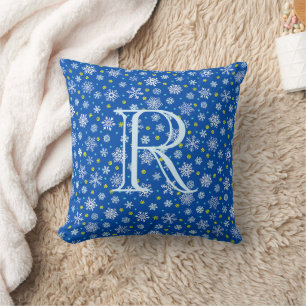 Blue Snöflingor Navy Blue Modern Elegant Monogram Kudde