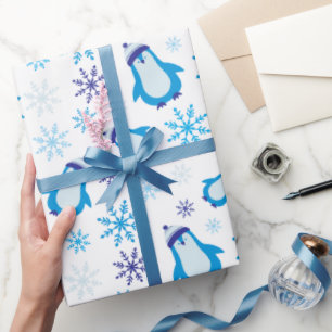 Blue Snöflingor och Cute Penguins White Seamless Presentpapper