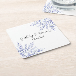 Blue Snöflingor on White Winter Wedding Underlägg Papper Kvadrat