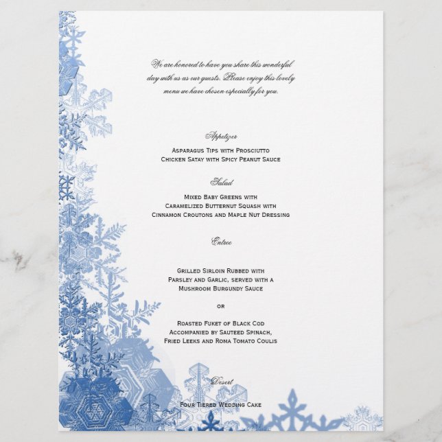 Blue Snöflingor på White Bröllop Menu (Framsida)