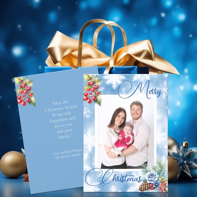 Blue Snöflingor Red Berries jul Hälsning Julkort (Skapare uppladdad)