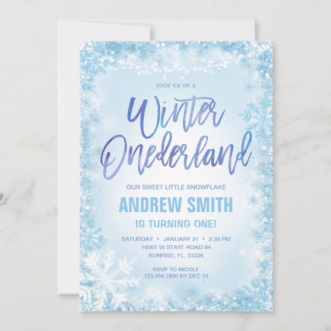 Blue Snöflingor Winter Onederland Birthday Inbjudningar (Framsida)