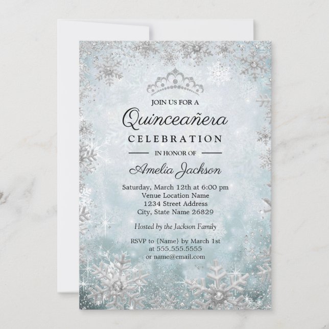 Blue Snöflingor Winter Wonderland Quinceanera Inbjudningar (Framsida)