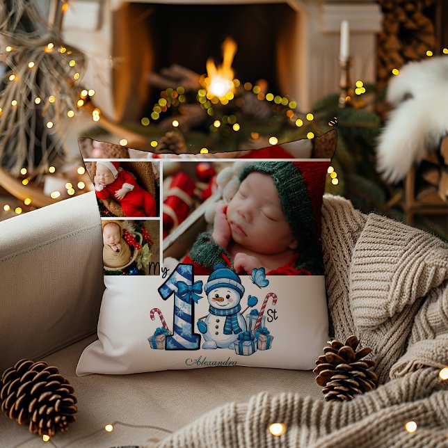 Blue Snögubbe Första jul Kudde (Skapare uppladdad)