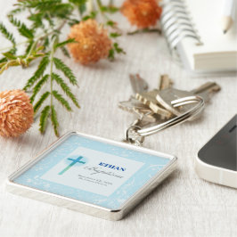 Blue Snöre Boy Baptism Fyrkantig Silverfärgad Nyckelring