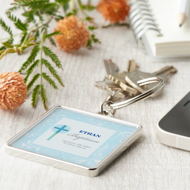 Blue Snöre Boy Baptism Fyrkantig Silverfärgad Nyckelring (Sidan)