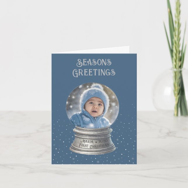 Blue Snow Globe Photo Flat Holiday Card Helgkort (Framsida)