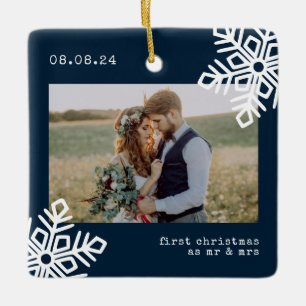 Blue Snowflake 1:a jul som Mr & Mrs Photo Julgransprydnad Keramik