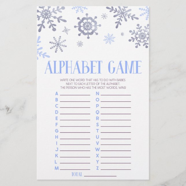 Blue Snowflake Alphabet Baby Shower Game Brevpapper (Framsida)