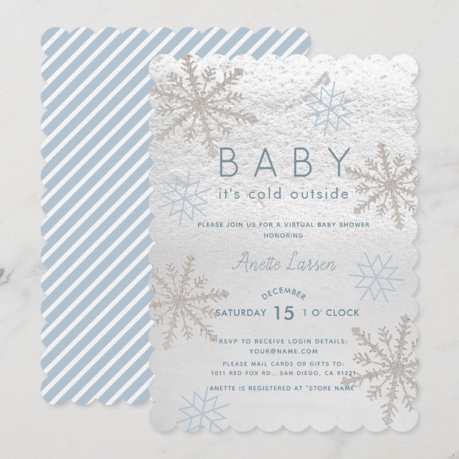 Blue Snowflake Baby Kallet Virtuell babystövel Inbjudningar (Fram/baksida)