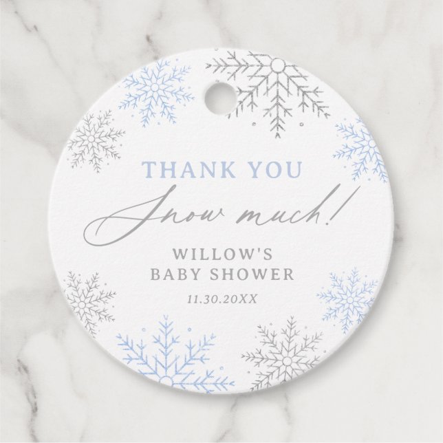 Blue Snowflake Baby Shower Tack Snö Mycket Gåvor Etiketter (Framsida)