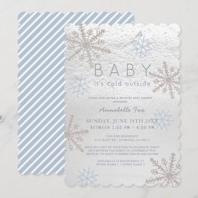Blue Snowflake Baby sitt Kall Drive by Baby Shower Inbjudningar (Fram/baksida)