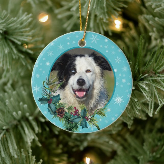 Blue Snowflake Evergreen Photo Memorial Julgransprydnad Keramik (Träd)