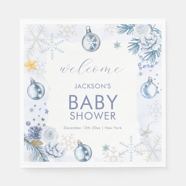 Blue Snowflake Flower Winter Baby Shower Welcome Pappersservett (Framsidan)