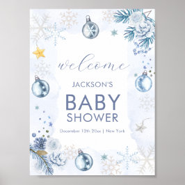 Blue Snowflake Flower Winter Baby Shower Welcome Poster