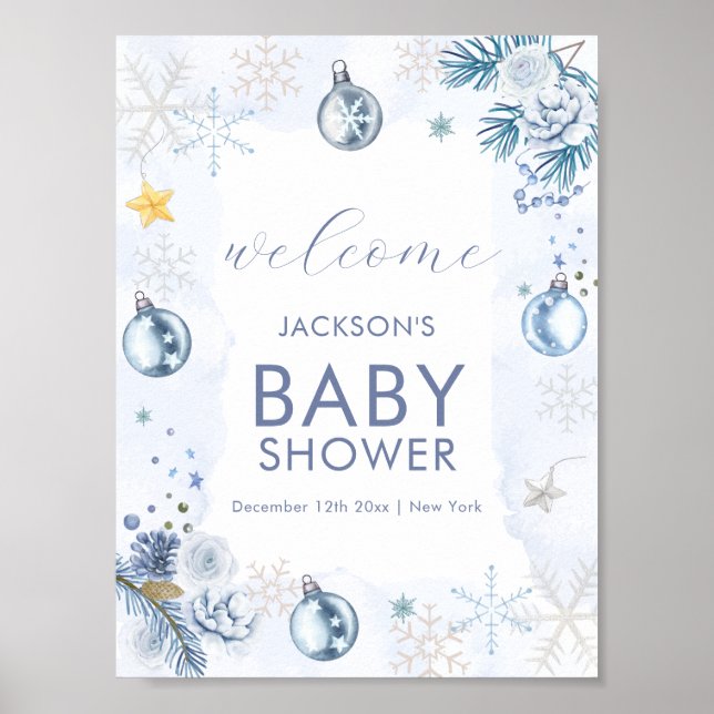 Blue Snowflake Flower Winter Baby Shower Welcome Poster (Framsidan)