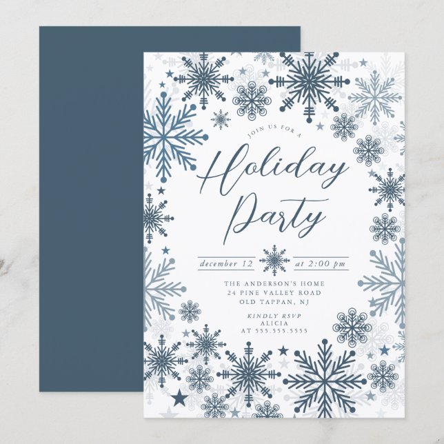 Blue Snowflake Holiday Party Invitation Inbjudningar (Fram/baksida)