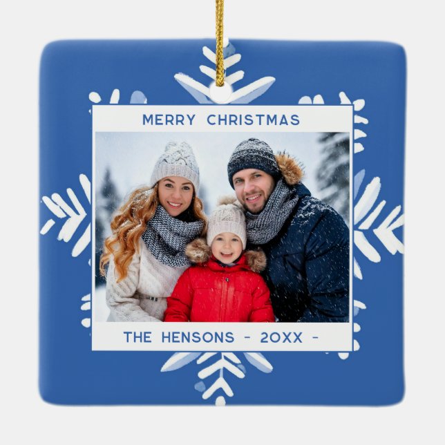 Blue Snowflake Merry Christmas Family Photo Julgransprydnad Keramik (Baksida)